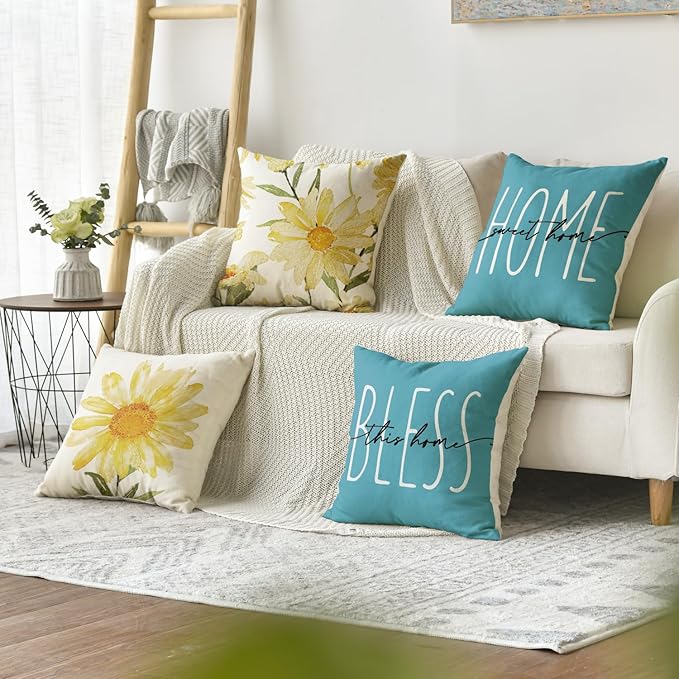 AVOIN colorlife Home Sweet Home Spring Summer Flowers Yellow Throw Pillow Covers, 18 x 18 Inch Blue Cushion Case for Sofa Couch Set of 4