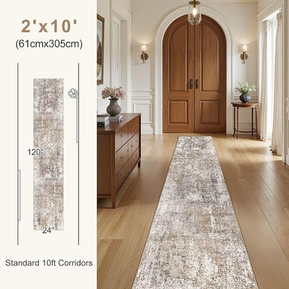 UERMEI 2X10 Washable Runner Rug for Hallway: Soft Neutral Modern Abstract Area Rug - Non-Slip Low Pile Long Throw Indoor Carpet for Kitchen Entryway Kitchen Bedroom Laundry Bathroom - Brown/Grey/Red