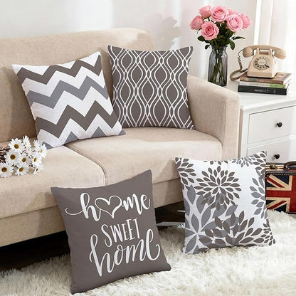 Hexagram Geometric Grey Pillow Covers 18x18 Set of 4, Decorative Outdoor Boho Modern Throw Pillow Covers, Home Sweet Home Farmhouse Cushion Case for Couch Sofa Bedroom Indoor Decor(No Insert)