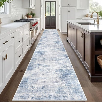 IOHOUZE Abstract Runner Rug 3x20 Ft Extra Long Washable Runners for Hallways, Non Slip Kitchen Runner Printed Faux Wool Entryway Runner Indoor, Modern Floor Carpet for Hall Stair, Light Blue Grey