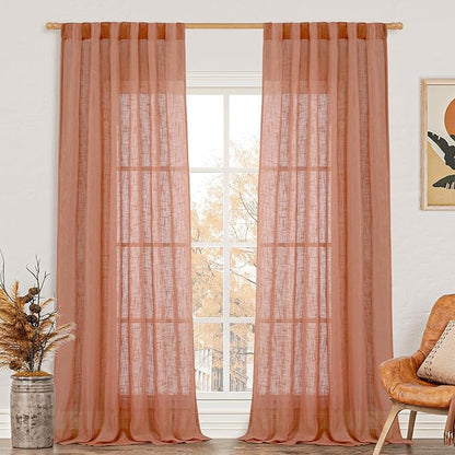 LAMIT Semi Sheer Linen Curtains for Living Room, Back Tab and Rod Pocket Terracotta Curtains Light Filtering Country Rustic Neutral Drapes for Bedroom/Farmhouse, 2 Panels, 52 x 102 Inch