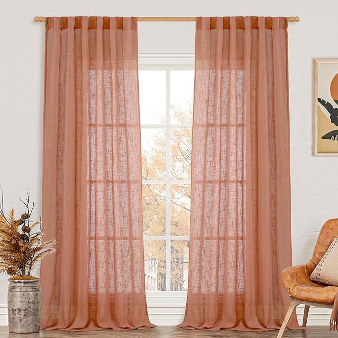 LAMIT Terracotta Linen Curtains 90 Inch for Living Room, Fall Western Decor Panels, Back Tab and Rod Pocket Boho Burnt Orange Rustic Drapes for Bedroom, Set of 2, 52 x 90 Inch