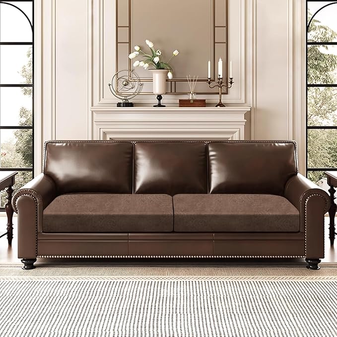 Leather Look Couch Cushion Covers Sofa Seat Slipcovers Sets Couches Furniture Protector for Sectional Armchair Loveseat Pets Kids Stretch Spandex Fabric (2 Cushion Sofa, Brown)