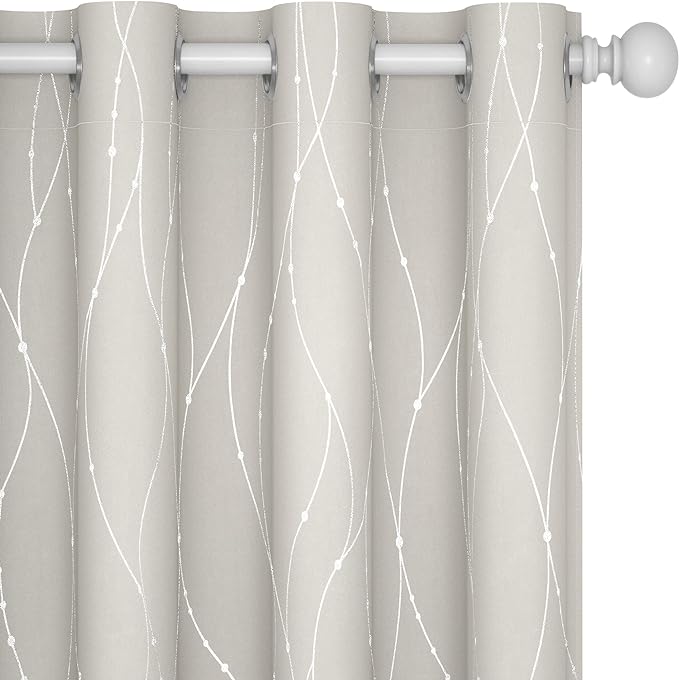 Deconovo Beige Curtains for Living Room, Light Darkening Soundproof Drapes with Wave Dots Silver Print, 52 x 72 Inch Long, Farmhouse Boho Curtain, Set of 2 Window Panels for Bedroom Office Nursery