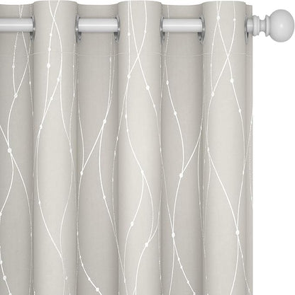 Deconovo Beige Curtains for Living Room, Thermal Insulated Soundproof Drapes with Wave Dot Silver Print, 52 x 63 Inch Long, Farmhouse Panel, Set of 2 Window Panels for Classroom Bedroom Office Nursery