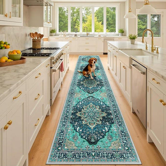 RELEANY Area Rugs 2'x10' Runner Rug Non Slip Washable for Kitchen Hallway Bedroom Beside Laundry Room Bathroom Rug, Floor Carpet, Teal Green Lake Blue Turquoise