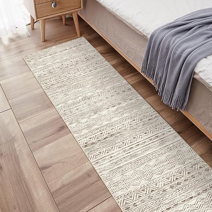 Washable Moroccan Hallway Runner Rug 2'6''x16' - Non-Slip Kitchen Floor Mat Soft Bedroom Carpet with Rubber Backing Living Room Runner for Entryway Farmhouse Style Low Pile Rug 2'6''x16' Beige