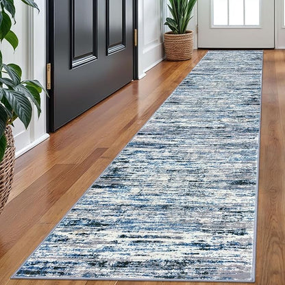 Lansny Modern Abstract Runner Rug 2x10, Grey Blue White Washable Long Kitchen Runner Non-Slip Soft Hallway Rug Runner Thin Print Faux Wool Carpet for Entryway Bedroom Laundry Room Indoor Home Decor