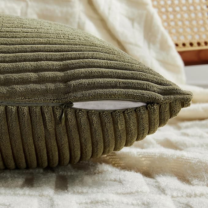 Fancy Homi 2 Packs Olive Green Lumbar Decorative Throw Pillow Covers 16x28 Inch for Living Room Couch Bed, Farmhouse Boho Home Decor, Soft Striped Corduroy Rectangle Accent Cushion Case 40x70 cm