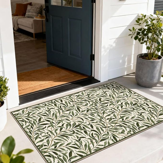 Boho Outdoor Rug - 28" x 43" Front Door Mat Indoor Outside Entrance Non-Slip Washable Outdoor Mat Spring Sage Green Leaf Rug for Entryway Kitchen Bedroom Layered Doormat for Front Porch