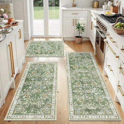Yamaziot Washable Kitchen Rug Set of 3 – Non Slip Boho Floral Hallway Runner Rug with Rubber Backing, Low Pile Kitchen Mats for Floor, Laundry, Desk (2x3+2x4+2x5,Green)