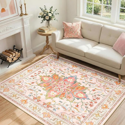 RELEANY Area Rugs 4'x6' Washable Non-Slip, Floral Vintage Distress Print Pattern Medallion Carpet for Living Room Bedroom Dining Room, Light Pink Colorful