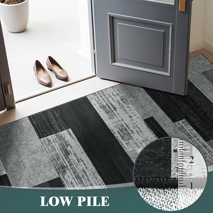 LIANLAM 2x3 Washable Entryway Rug,Non-Slip Indoor Door Mat with Vintage Checkered Pattern, Stain & Water Resistant Faux Wool Low Pile for Front Door,Hall,Kitchen,Bathroom - Easy Clean(2x3,Gray)