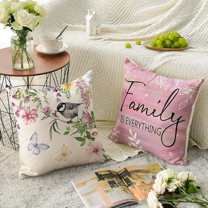 AVOIN colorlife Spring Saying Flowers Butterfly Pink Throw Pillow Covers, 16 x 16 Inch Home Sweet Home Cushion Case for Sofa Couch Set of 4