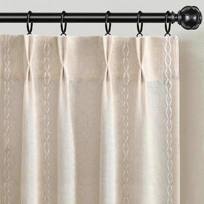 Pinch Pleated Look Light Filtering Curtains 84 Inch Length, 2 Panels Linen Textured Boho Neutral Drapes for Living Room Bedroom Farmhouse Vintage Rustic Window Curtains with Hooks