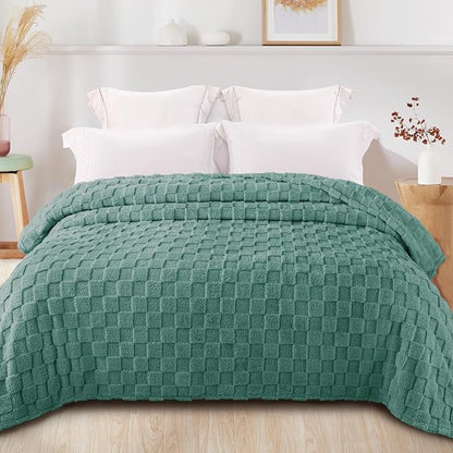Exclusivo Mezcla King Size Flannel Fleece Blanket, Super Soft and Warm Lightweight Checkered Pattern Blankets for All Seasons, 90x104 Inches, Celadon