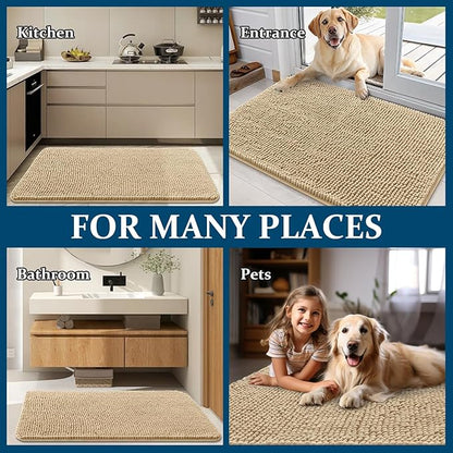 OLANLY Dog Door Mat for Muddy Paws 44x24, Absorbs Moisture and Dirt, Absorbent Non-Slip Washable Doormat, Quick Dry Chenille Mud Mat for Dogs, Entry Indoor Entryway Carpet for Inside Floor, Beige