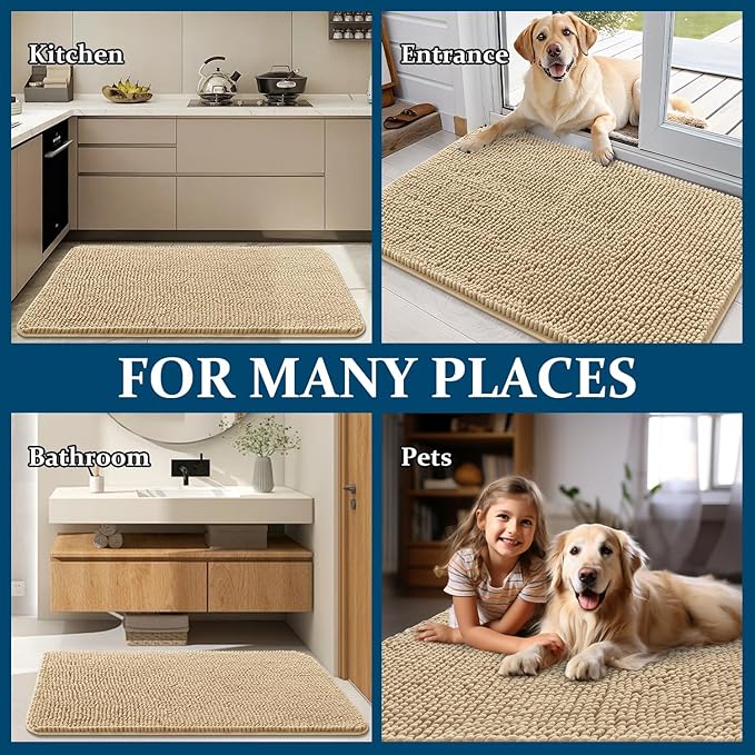 OLANLY Dog Door Mat for Muddy Paws 47x20, Absorbs Moisture and Dirt, Absorbent Non-Slip Washable Doormat, Quick Dry Chenille Mud Mat for Dogs, Entry Indoor Entryway Carpet for Inside Floor, Beige