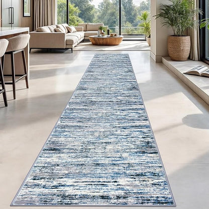 Lansny Modern Abstract Runner Rug 2.6x18, Grey Blue White Washable Long Kitchen Runner Non-Slip Soft Hallway Rug Runner Thin Print Faux Wool Carpet for Entryway Bedroom Laundry Room Indoor Home Decor