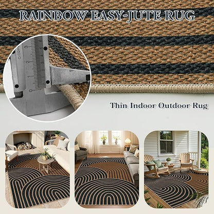 Lahome Enfys Modern Rainbow Easy Jute Carpet, Washable Rugs 5x7 for Living Room Black Farmhouse Dining Room Rug, Contemporary Natural Throw Mat Non Slip Floor Carpet for Office RV Patio