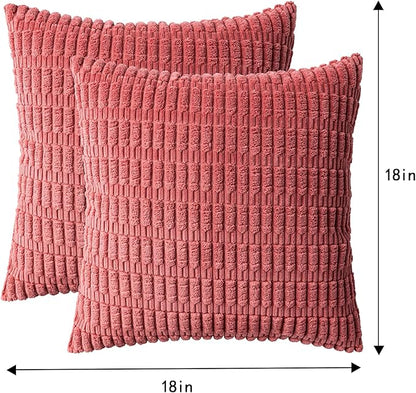 Pack of 2 Corduroy Decorative Throw Pillow Covers 18x18 InchSoft Boho Striped Pillow Covers Modern Farmhouse Home Decor for Sofa Living Room Couch Bed（Cranberry Red）