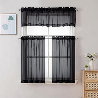 Chyhomenyc Black Sheer Curtains 30 inch Length 2 Panels, Light Filtering Voile Rod Pocket Short Window Curtians for Bathroom Living Room Farmhouse Small Windows, 42Wx30L inches