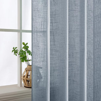 MIULEE Chambray Blue Linen Curtains 90 Inch Long 2 Panels for Bedroom Living Room, Soft Linen Textured Window Drapes Semi Sheer Light Filtering Back Tab Rod Pocket Farmhouse Modern Burlap Look Decor