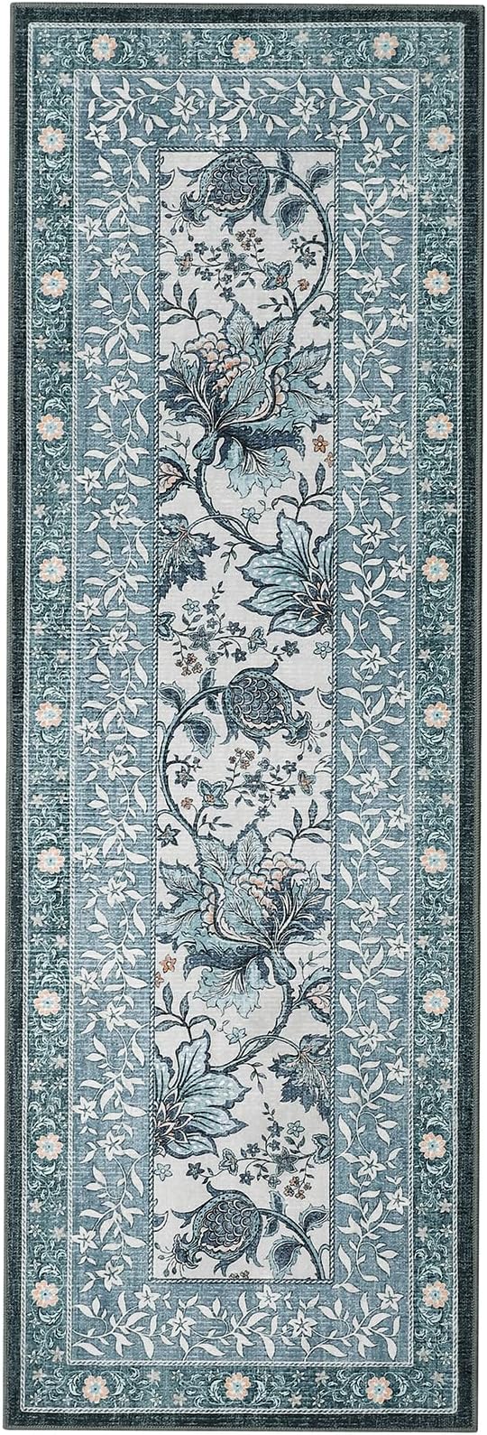 GarveeHome Provence Misty Blue 2.5 x 8 Washable Kitchen Runner Rugs Non Slip Vintage Boho Cottage Long Rug for Hallways Bedroom Entryway Bathroom Mat with Rubber Back