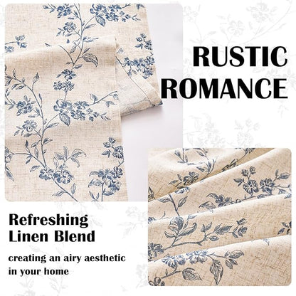 Lazzzy Linen Farmhouse Curtains Blue Floral Curtains 63 Inch Length Back Tab Drapes for Living Room Bedroom Light Filtering Country Vintage Rod Pocket Curtain, 2 Panels, Blue on Beige
