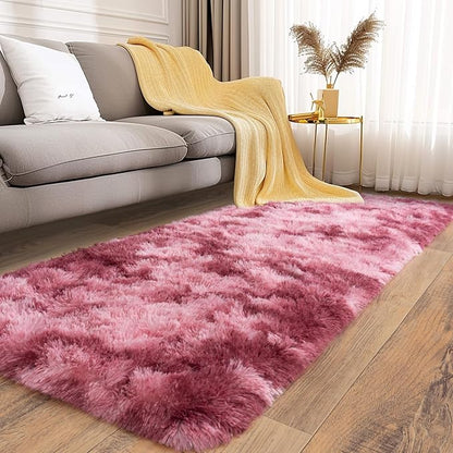 Soft Runner Rugs for Bedroom Hallways, 2x6 Tie-Dyed Blush Pink Fluffy Shag Throw Area Rug Non Slip for Bedside Dorm, Long Shaggy Furry Carpet for Nursery Living Room