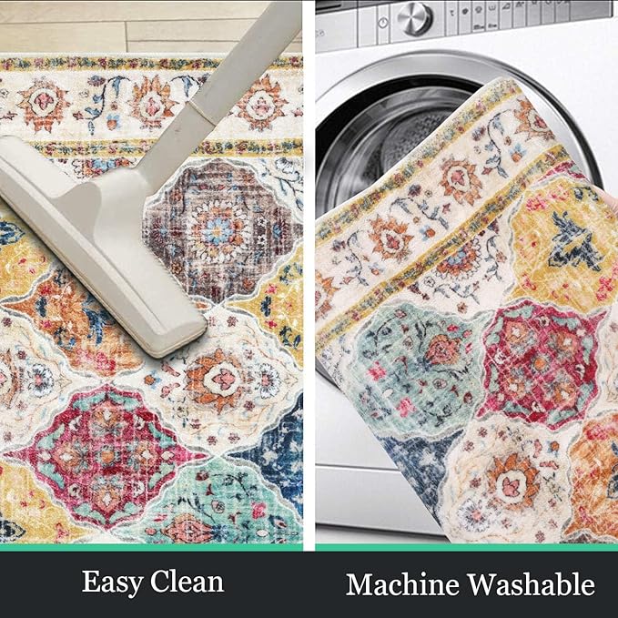 HEBE Washable Area Rug - 2'x3' Non Slip Soft Distressed Medallion Bedroom Boho Living Room Accent Throw Vintage Entry Floor Carpet for Dining Room Bathroom Entryway