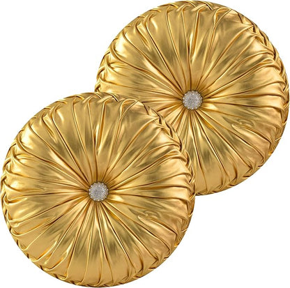 HIG Set of 2 Handcrafted Gold Ruched Round Throw Pillows – 14.5’’ Metallic Leather Decorative Pillows with Soft Polyester Filling for Couch, Bed, Living Room, Bedroom, or Dorm