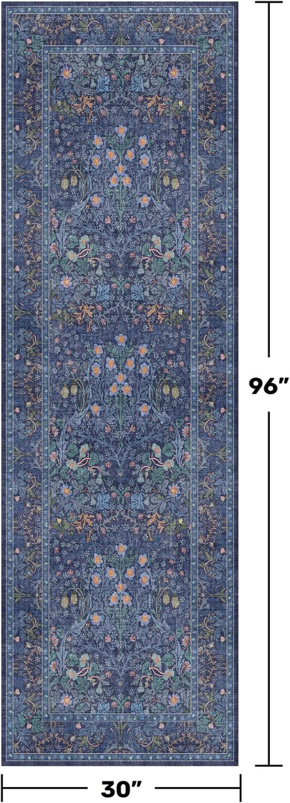 Dark Blue 2'6" x 8' Runners for Hallways Non Slip, Extra Long Floor Runner for Kitchen, Entryway Indoor, Washable Rubber Backing Stain Resistant - Vintage Navy Blue Floral Décor
