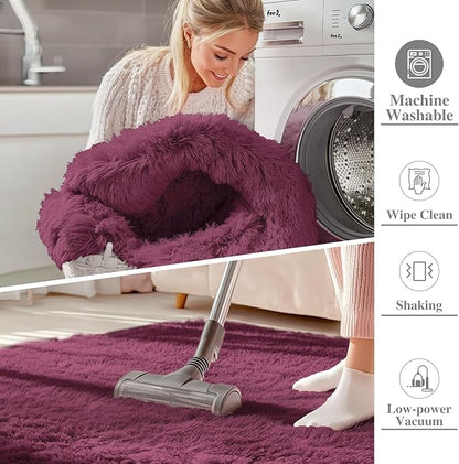OLANLY 3x5 Machine Washable Small Bedside Rug, Soft Fluffy Shaggy Rugs for Living Room, Bedroom, Indoor Floor Carpet for Kids Girls and Boys, Preppy Dorms, Nursery, Home Decor Aesthetic, Burgundy