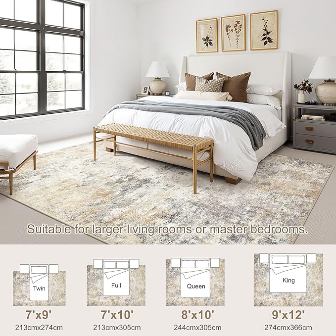 UERMEI 7x9 Area Rug Living Room Rugs - Washable Neutral Modern Abstract Soft Thin Large Rug Indoor Floor No Slip Rug Carpet for Bedroom Under Dining Table Home Office Decor - Golden Grey