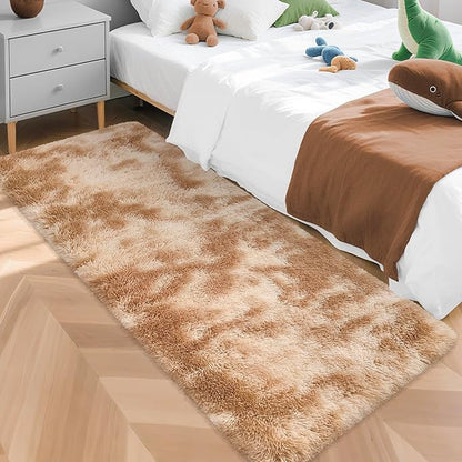 Super Soft Fluffy Living Room Area Rugs 2x5 ft Tie-Dyed Beige Shaggy Furry Carpet Washable Non-Slip Floor Rug Bedroom Bedside Nursery Rug Fuzzy Girls Boy Reduce Noise Dorm Home Decor
