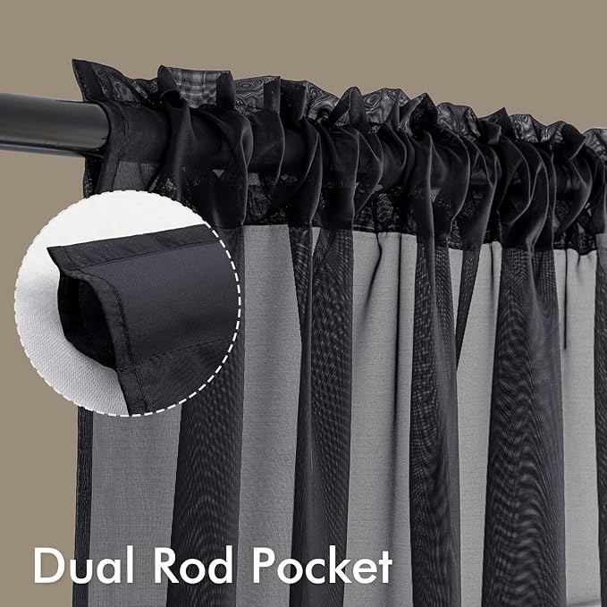 MIULEE Black Sheer Curtains 63 Inches Long, 4 Panels Set, Light Filtering Halloween Rod Pocket Voile Drapes for Living Room and Bedroom, Airy Soft Fabric Window Treatments, 54 x 63 Inches