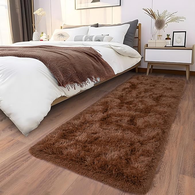 Soft Runner Rugs for Bedroom Hallways, 2x6 Brown Fluffy Shag Throw Area Rug Non Slip for Bedside Dorm, Long Shaggy Furry Carpet for Nursery Living Room