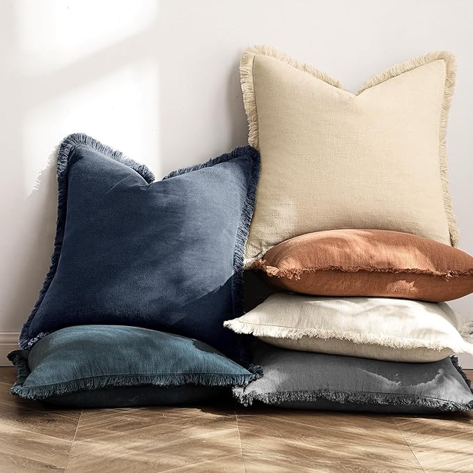 MIULEE Decorative Throw Pillow Covers Neutral Linen Fringe Throw Pillows Set of 2 Indigo Blue Boho Farmhouse Cushion Covers Coastal Decor for Couch Sofa Bed Living Room Spring Decor 24x24 Inch