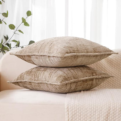 HPUK Fall Chenille Soft Throw Pillow Covers 18x18 Set of 2, Accent Cushion Covers for Living Room, Bedroom, Decorative Solid Color Pillow Covers for Couch, Sofa, Chair, Light Brown