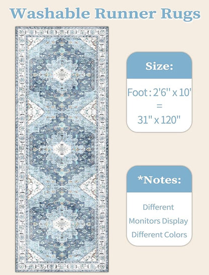 SERISSA Boho Washable Runner Rug, 2'6"x10' Long Non-Slip Vintage Blue Hallway Kitchen Stair Runner Rug Ultra Soft Print Distressed Floor Carpet for Bedroom Bathroom Laundry Room