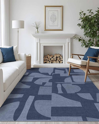 Latte&Fog 8x10 Area Rugs for Living Room, Large Modern Abstract Washable Rug, Boho Non Slip Low Pile Carpet for Indoor Bedroom Dining Room, Office, Dorm, Classroom, Farmhouse and Kids Room - Navy Blue