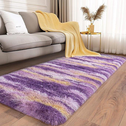 Soft Runner Rugs for Bedroom Hallways, 2x6 Abstract Purple Fluffy Shag Throw Area Rug Non Slip for Bedside Dorm, Long Shaggy Furry Carpet for Nursery Living Room