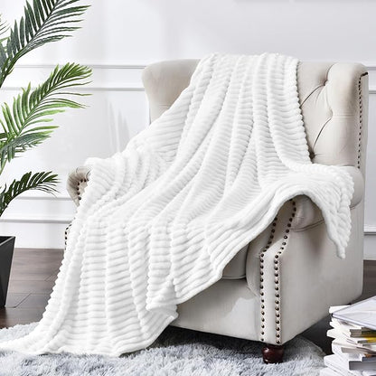 BEDELITE Fleece Throw Blanket for Couch – 3D Ribbed Jacquard Soft and Warm Decorative Fuzzy Blanket – Cozy, Fluffy, Plush Lightweight White Throw Blankets for Bed, Sofa, 84x90 inches