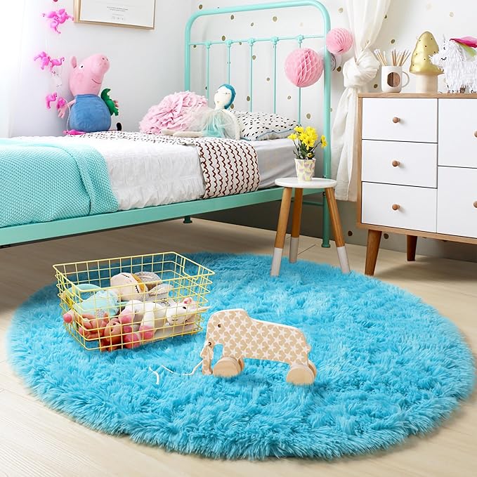 Amdrebio Blue Round Rug 5Ft for Bedroom, Fluffy Circle Area Rugs for Kids Room Baby Nursery Playroom, Living Room Decor Aesthetic, Plush Shaggy Fuzzy Turquoise Carpet for Apartment Preppy Classroom