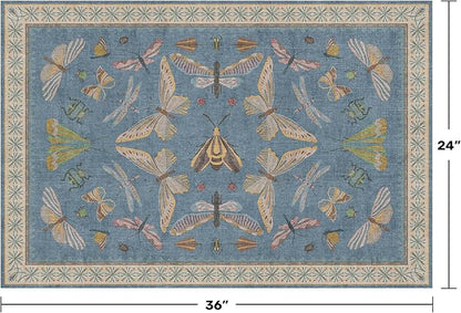 Blue 2x3 Kitchen Rugs Non Slip Washable, 0.25" Low Pile Stain & Fade Resistant, Waterproof Indoor Floor Mat for Entryway, Bathroom, Laundry Room, Boho Insect Floral Decor