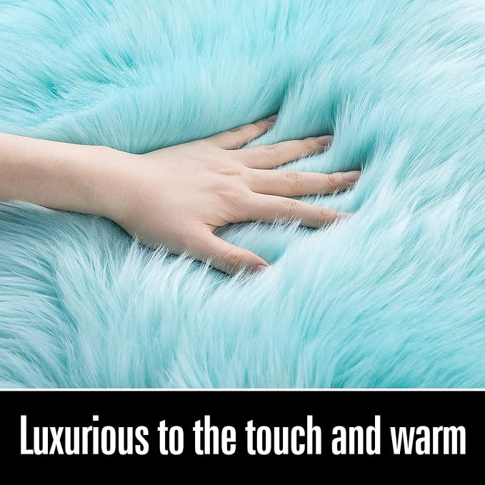 LOCHAS Soft Fluffy Faux Fur Rugs for Bedroom Bedside Rug 2x3 Feet, Washable, Furry Sheepskin Area Rug for Living Room Girls Room, Luxury Shag Carpet Home Decor, Blue
