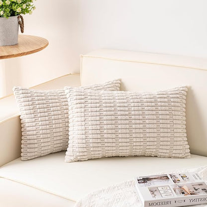 Pack of 2 Corduroy Decorative Throw Pillow Covers 12x20 InchSoft Boho Striped Pillow Covers Modern Farmhouse Home Decor for Sofa Living Room Couch Bed（Cream White）