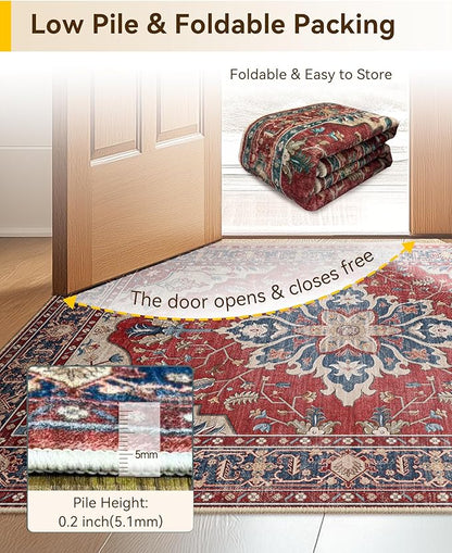 RELEANY Area Rugs 8'x10' Washable Non-Slip, Floral Vintage Distress Print Pattern Medallion Carpet for Living Room Bedroom Dining Room, Red Blue