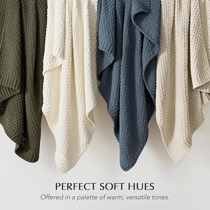 EVERGRACEHOME Chunky Chenille Knit Throw Blanket for Couch, Soft Luxurious Moss Stitch Blankets for Bed, Cozy Decorative Farmhouse Knitted Throws for Sofa, Ivory White, 50" x 60"
